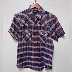 Vintage Levis Pearl Snap Shirt Size Large White Red Plaid Western Cowboy Rodeo